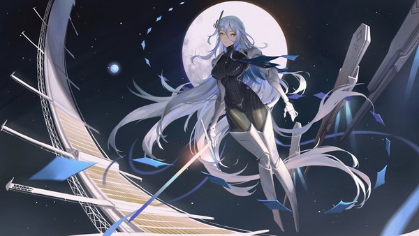 Anime picture 3150x1772 with original inferno (pixiv) single looking at viewer fringe highres hair between eyes wide image holding silver hair full body very long hair night orange eyes night sky thigh gap covered navel slit pupils mecha musume mechanical arms