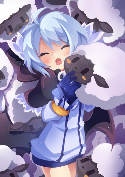 Anime picture 1000x1414 with kaka cheung single tall image blush short hair open mouth blue hair eyes closed girl gloves animal sheep