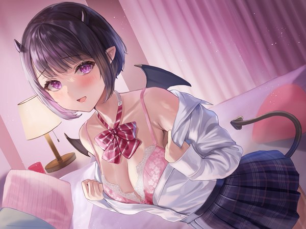 Anime picture 2600x1950 with original sakamuke single looking at viewer blush fringe highres short hair breasts open mouth light erotic black hair smile large breasts standing purple eyes payot cleavage indoors tail