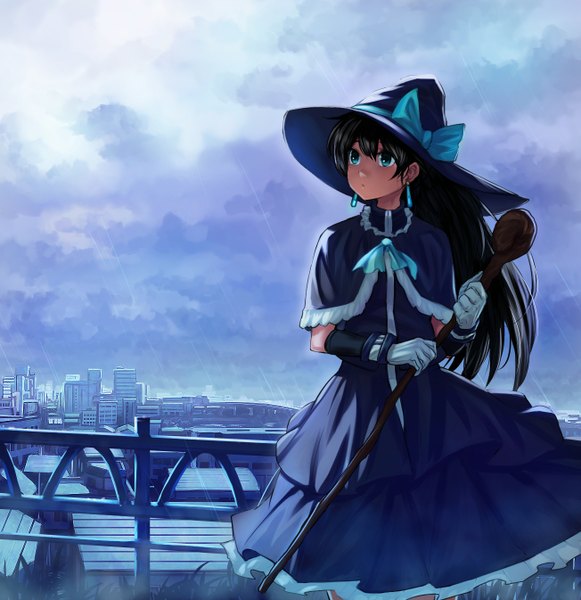 Anime picture 1303x1346 with idolmaster ganaha hibiki bukimi isan single long hair tall image black hair cloud (clouds) aqua eyes city rain scenic witch girl dress gloves bow elbow gloves witch hat staff