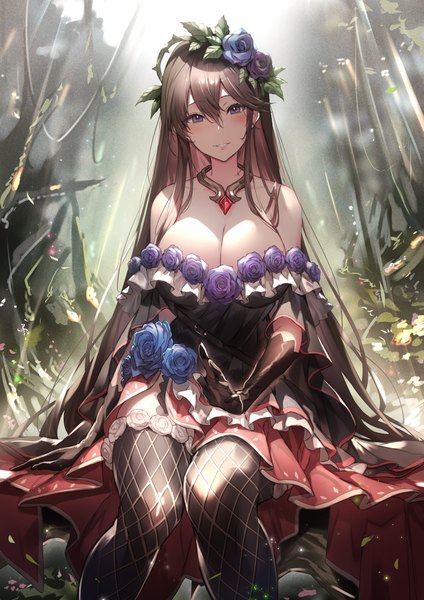 Anime picture 2893x4092 with granblue fantasy rosetta (granblue fantasy) kakage single tall image looking at viewer blush fringe highres breasts light erotic smile hair between eyes brown hair large breasts sitting purple eyes bare shoulders cleavage outdoors