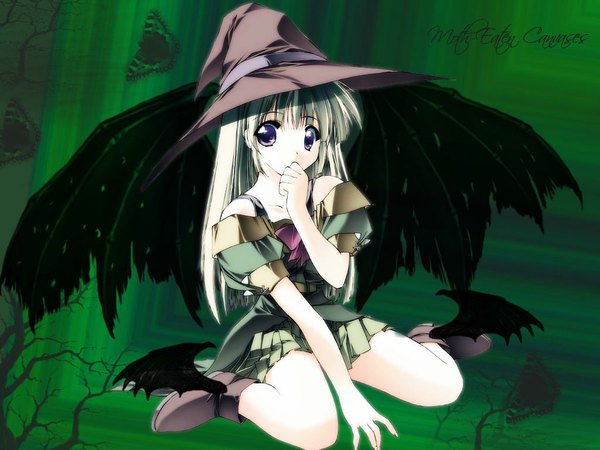 Anime picture 1024x768 with tagme (copyright) tagme (artist) single long hair looking at viewer fringe blonde hair sitting purple eyes pleated skirt wariza black wings third-party edit green background girl skirt hat wings insect witch hat