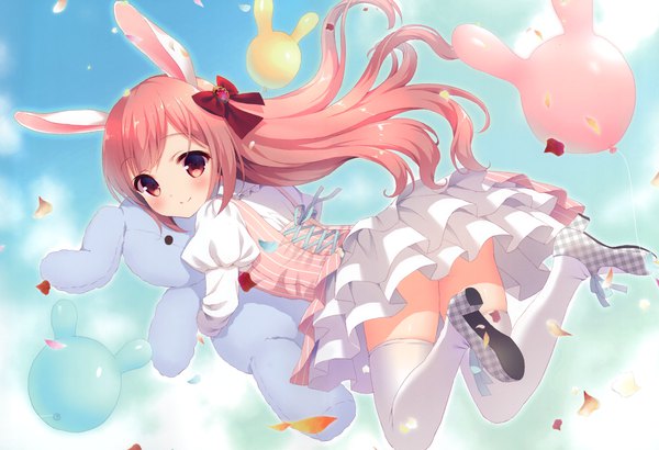 Anime picture 4244x2901 with original chitosezaka suzu single long hair looking at viewer blush highres light erotic smile red eyes animal ears payot pink hair absurdres sky cloud (clouds) full body bent knee (knees) outdoors looking back