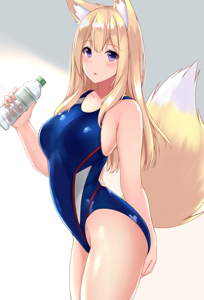 Anime picture 1357x2000 with original sogaya single long hair tall image looking at viewer blush fringe breasts open mouth light erotic blonde hair simple background hair between eyes white background purple eyes holding animal ears payot tail
