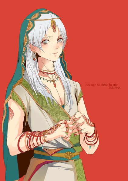 Anime picture 1200x1705 with magi the labyrinth of magic a-1 pictures ja'far (magi) cp .ieng single long hair tall image blush simple background looking away silver hair white hair nail polish grey eyes tears red background red nail polish freckles boy earrings