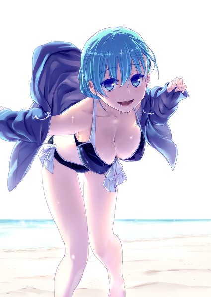 Anime picture 850x1200 with kantai collection suzuya heavy cruiser himura kiseki single tall image looking at viewer fringe short hair breasts open mouth light erotic large breasts standing white background sky aqua eyes aqua hair leaning leaning forward beach