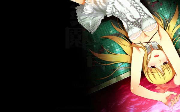 Anime picture 1680x1050 with single long hair looking at viewer blush open mouth light erotic blonde hair red eyes wide image bare shoulders game cg lying looking up girl