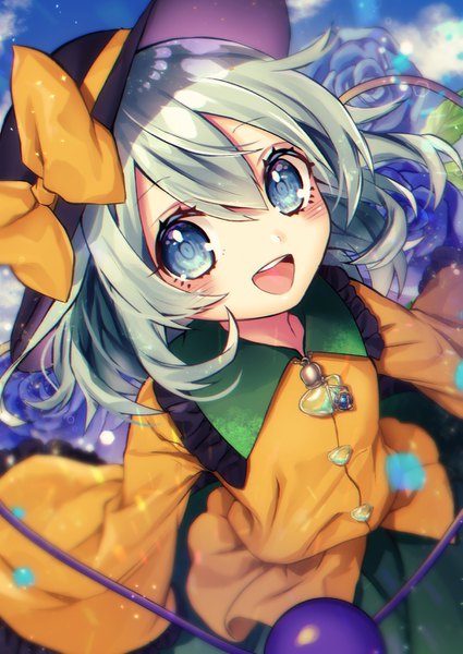 Anime picture 1000x1410 with touhou komeiji koishi kyouda suzuka single tall image looking at viewer fringe short hair open mouth blue eyes hair between eyes :d green hair from above girl flower (flowers) hat rose (roses) blue rose