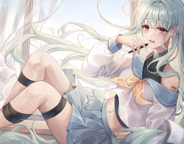 Anime picture 2912x2278 with original huion pippin sol single long hair looking at viewer blush fringe highres open mouth smile hair between eyes red eyes sitting holding bent knee (knees) long sleeves :d pleated skirt wind