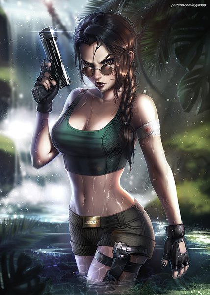 Anime picture 714x1000 with tomb raider lara croft ayyasap single long hair tall image looking at viewer light erotic brown hair standing holding brown eyes signed cleavage braid (braids) nail polish blurry realistic midriff wet