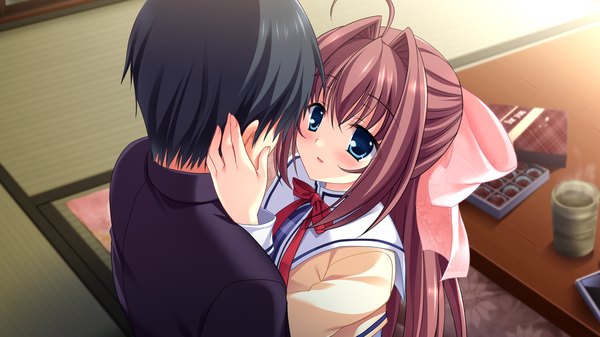Anime picture 1024x576 with da capo ii dearest marriage asakura otome takano yuki (allegro mistic) long hair blush open mouth blue eyes black hair brown hair wide image game cg ahoge light smile couple hands on face girl boy bow hair bow large bow
