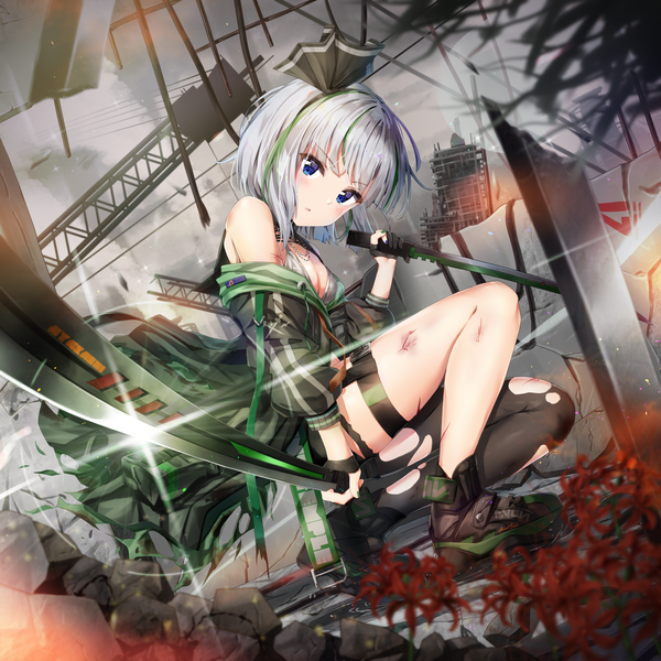 Anime picture 2000x2000 with touhou konpaku youmu kuria (clear trip second) single looking at viewer blush fringe highres short hair breasts open mouth blue eyes holding cleavage silver hair full body bent knee (knees) outdoors blunt bangs nail polish