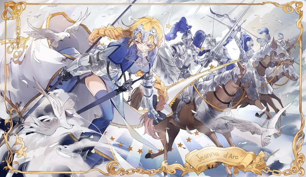 Anime picture 1635x950 with fate (series) fate/grand order fate/apocrypha jeanne d'arc (fate) (all) jeanne d'arc (fate) nine (liuyuhao1992) fringe breasts light erotic blonde hair wide image purple eyes looking away sky cloud (clouds) bent knee (knees) braid (braids) very long hair character names thighs