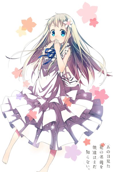 Anime-Bild 1380x2100 mit ano hi mita hana no namae wo bokutachi wa mada shiranai a-1 pictures honma meiko lf single long hair tall image looking at viewer blue eyes blonde hair white background barefoot hair flower copyright name covered mouth girl dress flower (flowers) frills sundress