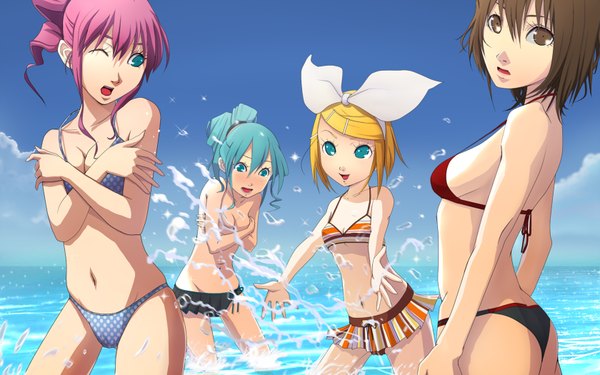 Anime picture 1680x1050 with vocaloid hatsune miku kagamine rin meiko sakura miku tagme (artist) blush short hair breasts open mouth blue eyes light erotic blonde hair brown hair wide image large breasts standing multiple girls brown eyes blue hair