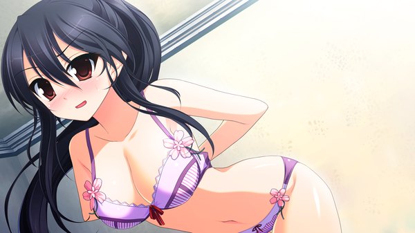 Anime picture 1280x720 with tiny dungeon (game) rosebleu long hair blush breasts open mouth light erotic black hair wide image brown eyes game cg ponytail underwear only girl navel underwear panties lingerie bra purple panties