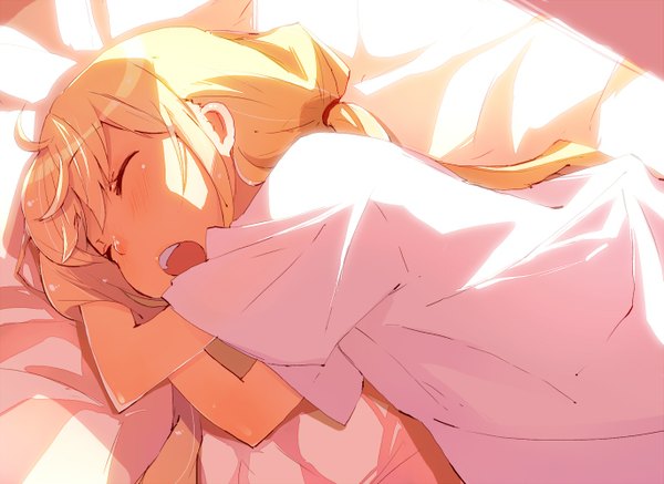 Anime picture 1371x1000 with idolmaster idolmaster cinderella girls futaba anzu hato haru single long hair blush open mouth blonde hair twintails payot eyes closed sunlight low twintails sleeping girl