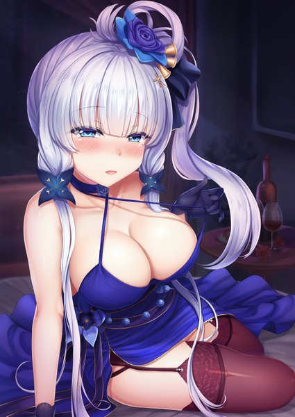 Anime picture 1254x1771 with azur lane illustrious (azur lane) illustrious (never-ending tea party) (azur lane) love makira single long hair tall image looking at viewer blush fringe breasts open mouth blue eyes light erotic large breasts sitting twintails bare shoulders cleavage silver hair