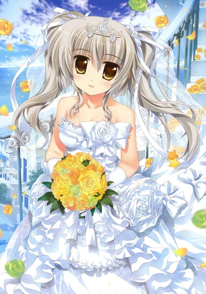 Anime picture 2451x3500 with fujima takuya single long hair tall image blush highres twintails yellow eyes grey hair girl dress gloves flower (flowers) petals tiara wedding dress