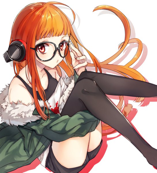 Anime picture 800x880 with persona 5 persona sakura futaba nicocco (guru) single long hair tall image looking at viewer blush fringe simple background red eyes white background sitting bare shoulders payot ahoge bent knee (knees) blunt bangs fingernails