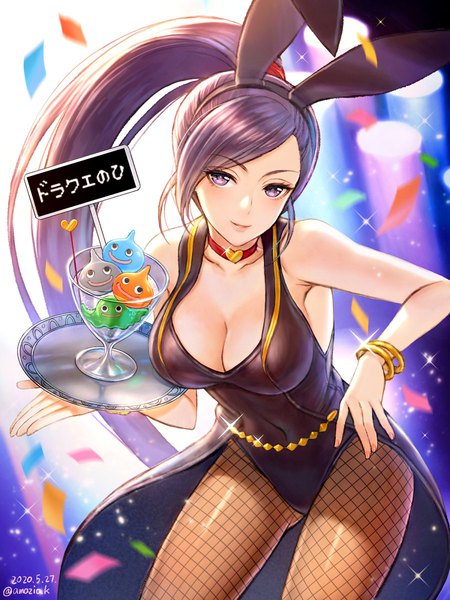 Anime picture 900x1200 with dragon quest dragon quest xi slime (dragon quest) martina (dq11) amazio komeko single long hair tall image looking at viewer fringe breasts light erotic smile large breasts standing purple eyes bare shoulders signed animal ears cleavage