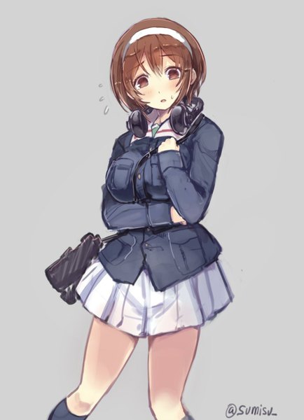 Anime picture 1000x1380 with kantai collection girls und panzer natori light cruiser sumisu (mondo) single tall image blush short hair open mouth simple background brown hair brown eyes signed looking away grey background cosplay girl socks hairband headphones