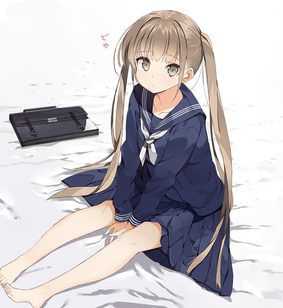 Anime picture 737x800 with original nauribon single long hair tall image looking at viewer fringe brown hair white background sitting twintails brown eyes payot full body barefoot girl uniform serafuku school bag neckerchief