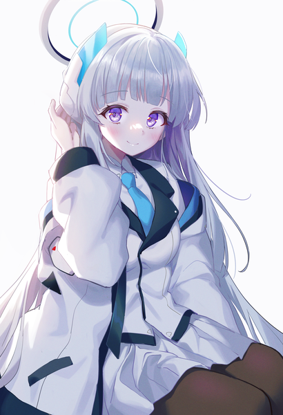 Anime picture 4972x7279 with blue archive noa (blue archive) chobi (penguin paradise) single tall image looking at viewer blush fringe highres simple background smile white background sitting purple eyes absurdres silver hair very long hair girl pantyhose necktie