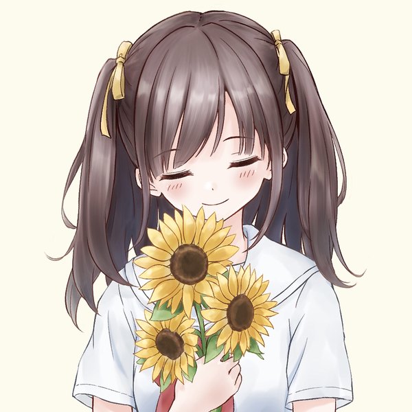 Anime picture 1000x1000 with original free palet single long hair blush simple background smile brown hair upper body eyes closed two side up yellow background girl flower (flowers) ribbon (ribbons) hair ribbon sunflower