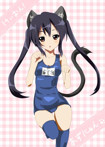 Anime picture 1000x1390 with k-on! kyoto animation nakano azusa sasakuma kyouta single long hair tall image blush open mouth light erotic black hair twintails brown eyes animal ears cat ears cat girl cat tail girl thighhighs swimsuit