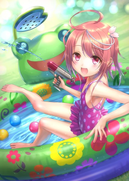 Anime picture 686x960 with kantai collection i-58 submarine goto p single long hair tall image blush open mouth light erotic smile brown hair :d pink eyes wet loli legs girl hair ornament swimsuit plant (plants)