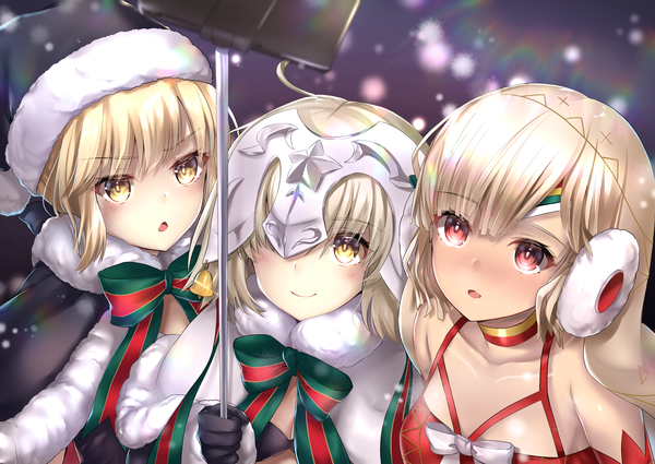 Anime picture 3035x2150 with fate (series) fate/grand order artoria pendragon (all) jeanne d'arc (fate) (all) altera (fate) jeanne d'arc alter santa lily (fate) santa alter altera the santa (fate) hane yuki looking at viewer blush fringe highres short hair breasts open mouth light erotic blonde hair hair between eyes red eyes