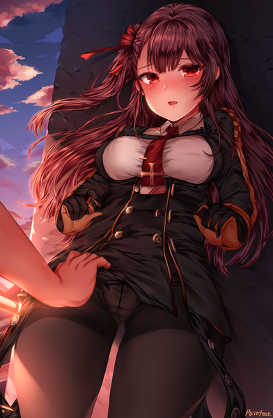 Anime picture 1600x2450 with girls frontline wa2000 (girls frontline) zerocat long hair tall image looking at viewer blush fringe breasts open mouth light erotic red eyes standing signed sky purple hair cloud (clouds) outdoors one side up evening