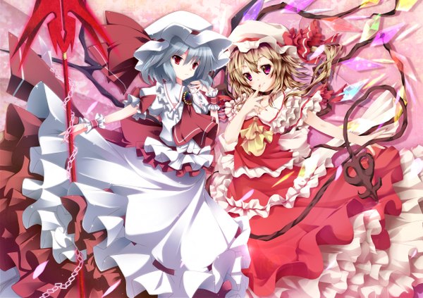 Anime picture 5014x3541 with touhou flandre scarlet remilia scarlet nironiro highres short hair blonde hair red eyes multiple girls absurdres silver hair girl dress skirt weapon 2 girls wings frills chain bonnet