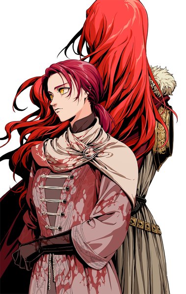 Anime picture 1500x2377 with elden ring malenia blade of miquella millicent (elden ring) mizuya long hair tall image simple background standing multiple girls yellow eyes looking away red hair low ponytail back to back bloody clothes girl 2 girls blood