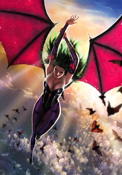 Anime picture 698x1000 with vampire / darkstalkers (game) morrigan aensland mansarali (artist) single long hair tall image breasts light erotic large breasts green eyes signed sky cloud (clouds) green hair sunlight realistic arms up demon girl flying bat wings