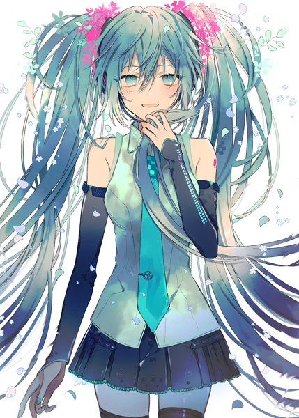 Anime picture 1036x1450 with vocaloid hatsune miku hatsune miku (vocaloid4) cacao (chocotto) single tall image looking at viewer blush fringe hair between eyes standing white background twintails very long hair pleated skirt aqua eyes aqua hair holding hair girl skirt