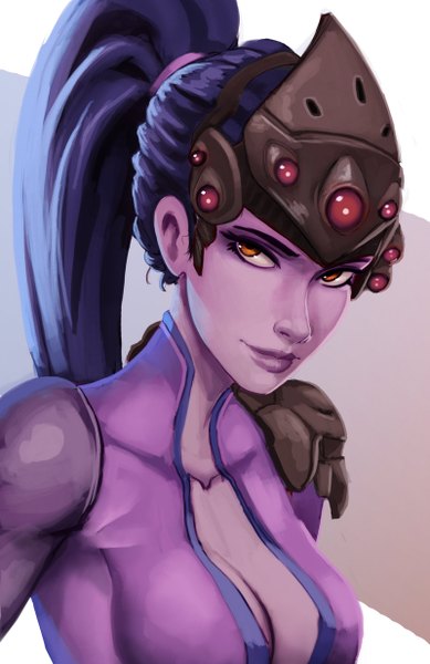 Anime picture 800x1234 with overwatch blizzard entertainment widowmaker (overwatch) carlos eduardo single long hair tall image light erotic blue hair cleavage ponytail lips orange eyes eyebrows girl bodysuit