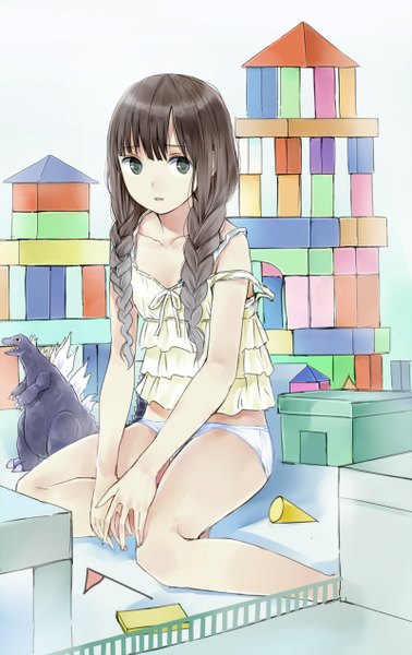 Anime picture 800x1268 with original maigoyaki single tall image looking at viewer light erotic black hair braid (braids) black eyes girl underwear panties
