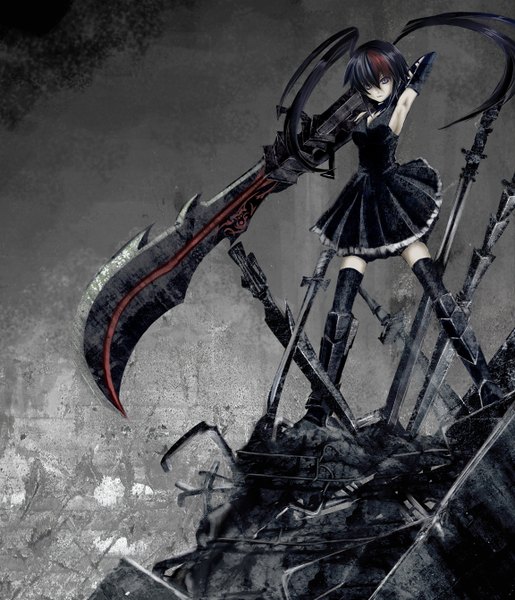 Anime picture 1152x1342 with black rock shooter tall image black hair twintails black eyes girl dress weapon sword black dress
