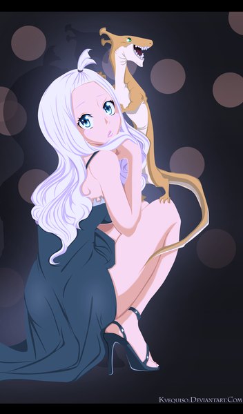 Anime picture 1168x1986 with fairy tail mirajane strauss kvequiso single long hair tall image open mouth blue eyes green eyes white hair looking back lips coloring squat girl dress dragon