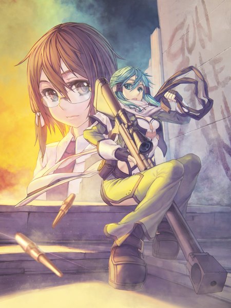 Anime picture 1200x1600 with sword art online a-1 pictures asada shino rotix tall image short hair open mouth brown hair brown eyes aqua eyes aqua hair open clothes open jacket text dual persona girl gloves ribbon (ribbons) weapon hair ribbon