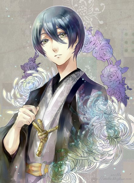 Anime picture 1470x2000 with starry sky homare kanakubo stells tall image short hair signed yellow eyes blue hair japanese clothes grey background boy flower (flowers)