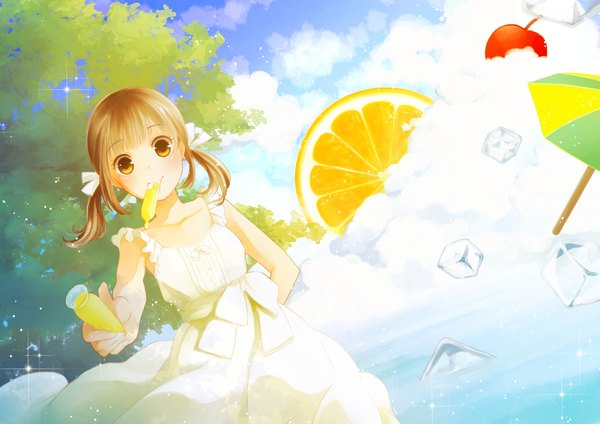 Anime picture 1771x1254 with original ahira yuzu looking at viewer blush highres short hair brown hair twintails brown eyes cloud (clouds) low twintails short twintails girl dress umbrella sundress fruit drink apple ice
