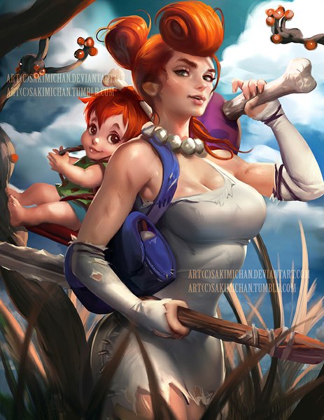 Anime picture 695x900 with the flintstones pebbles flintstone wilma flintstone sakimichan long hair tall image looking at viewer short hair breasts smile large breasts sitting holding brown eyes green eyes cloud (clouds) parted lips barefoot lips orange hair