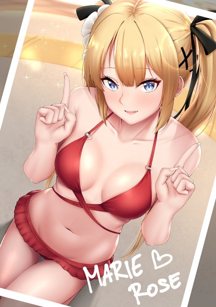 Anime picture 744x1052 with dead or alive marie rose dearonnus single long hair tall image looking at viewer blush fringe breasts open mouth blue eyes light erotic blonde hair smile sitting twintails payot :d fingernails
