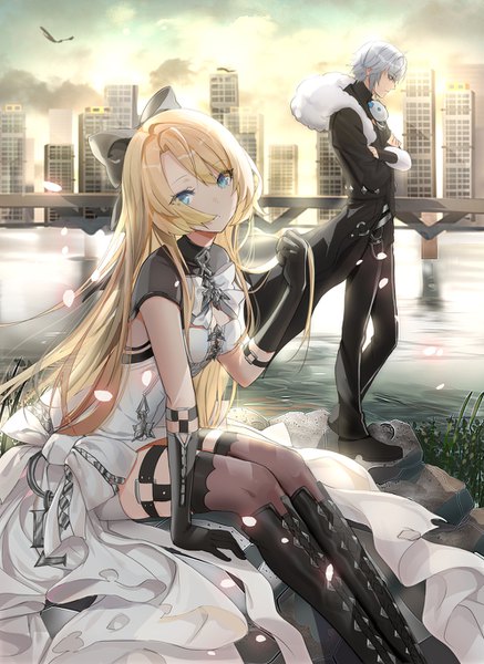 Anime picture 994x1364 with code: dragon blood lloule long hair tall image looking at viewer short hair blue eyes blonde hair standing sitting silver hair profile wind arm support crossed arms holding hair river girl thighhighs dress