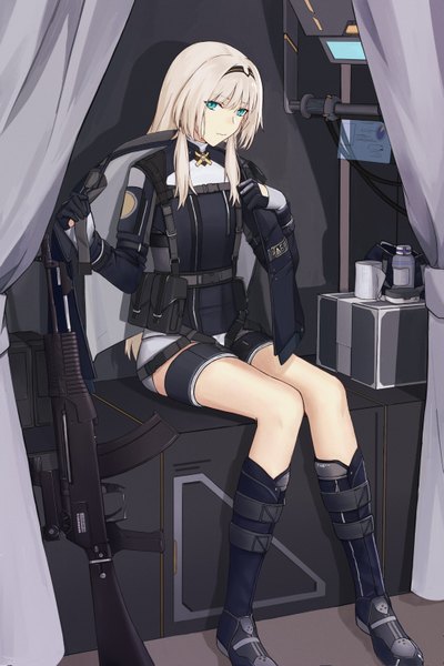 Anime picture 2074x3110 with girls frontline an-94 (girls frontline) veolia single long hair tall image looking at viewer fringe highres blonde hair hair between eyes sitting green eyes full body indoors girl gloves uniform weapon black gloves