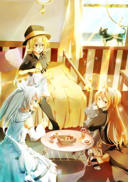 Anime picture 1125x1602 with original dennryuurai long hair tall image blush open mouth blue eyes blonde hair sitting multiple girls yellow eyes white hair orange eyes girl thighhighs dress black thighhighs socks food sweets