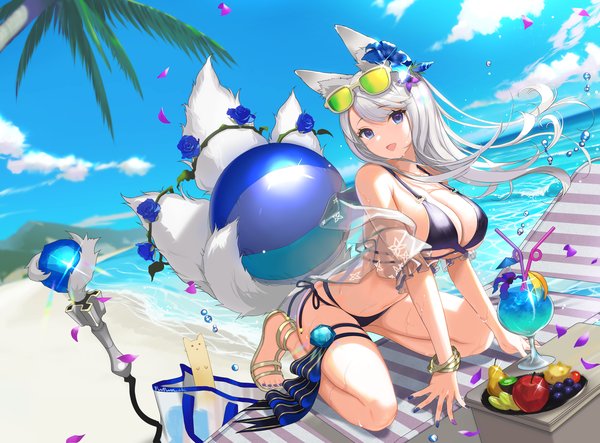 Anime picture 4256x3145 with original nanam (nanam sk) single long hair looking at viewer fringe highres breasts open mouth blue eyes light erotic smile large breasts animal ears absurdres sky cleavage silver hair cloud (clouds) full body
